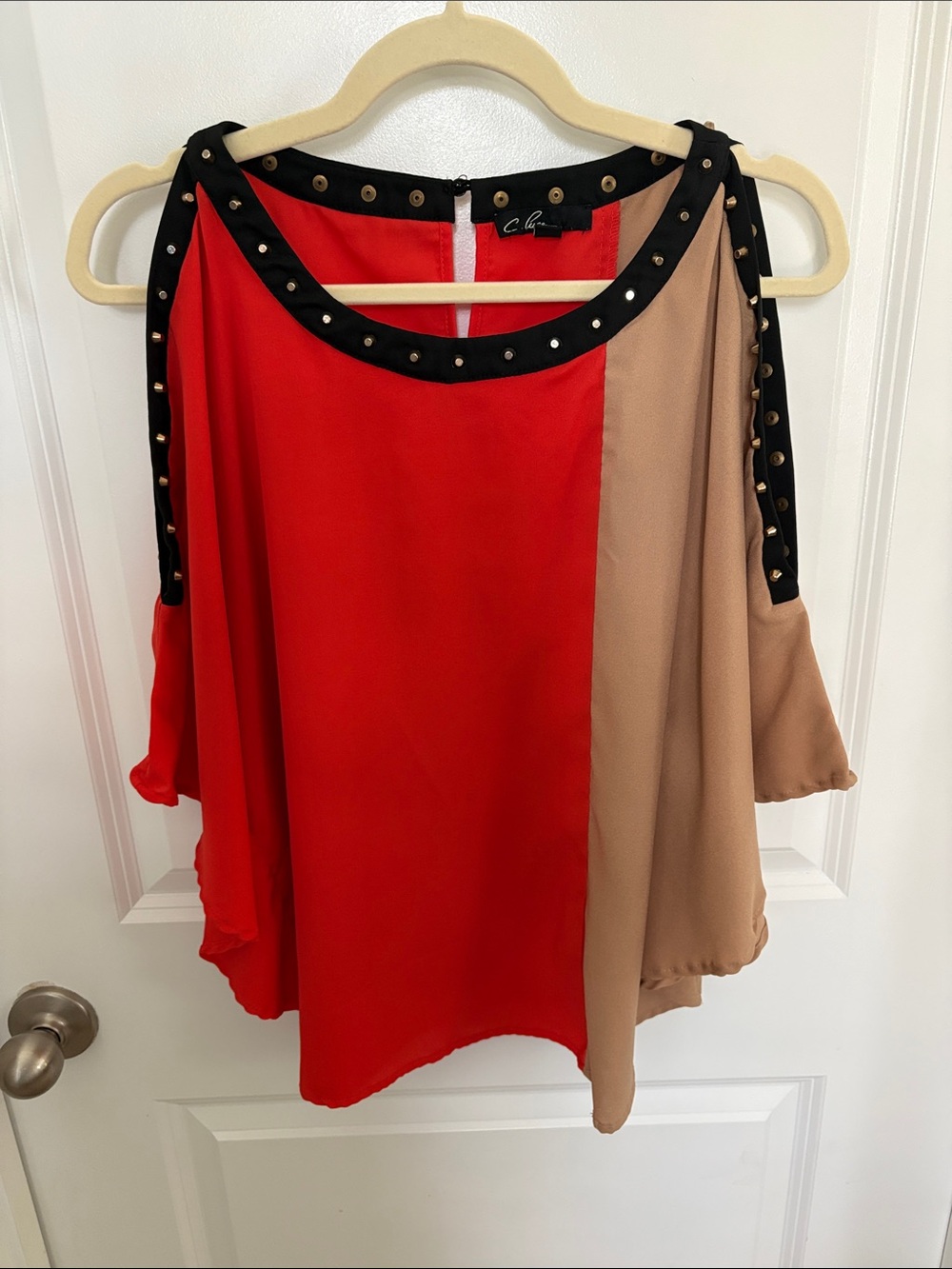 C. Luce Red and Tan Cold-Shoulder Studded Blouse